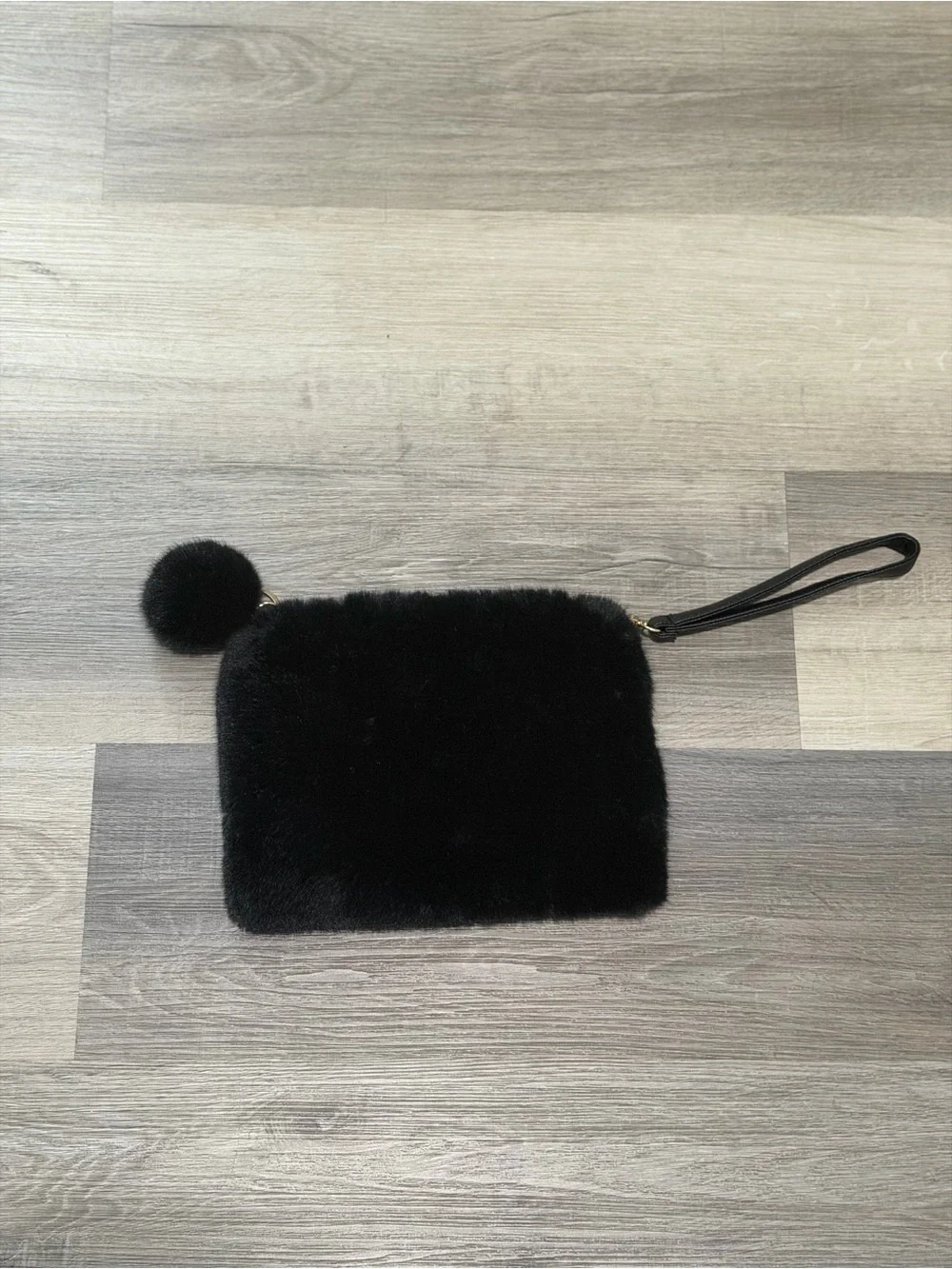 Black Faux Fur Wristlet Clutch with Pom Pom
